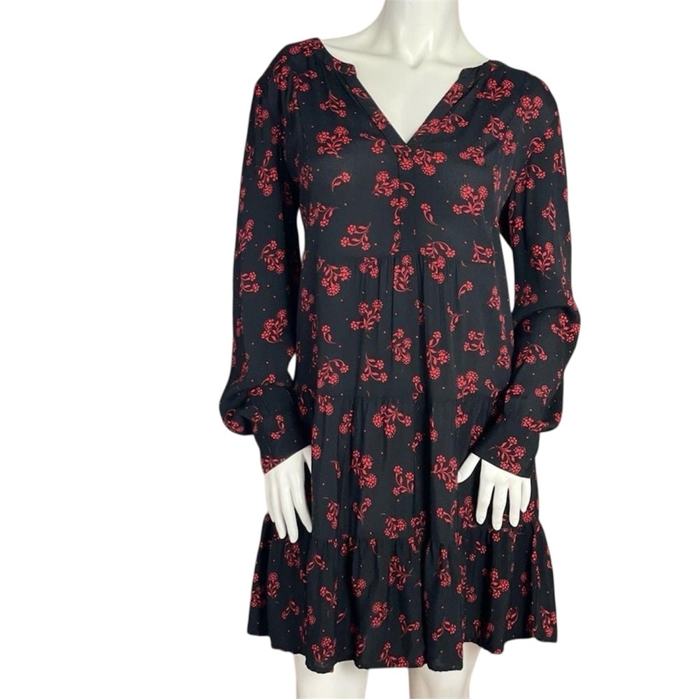 LOFT - Black Red Floral Ruffle Tiered Long Sleeve Dress - Size Large - EUC